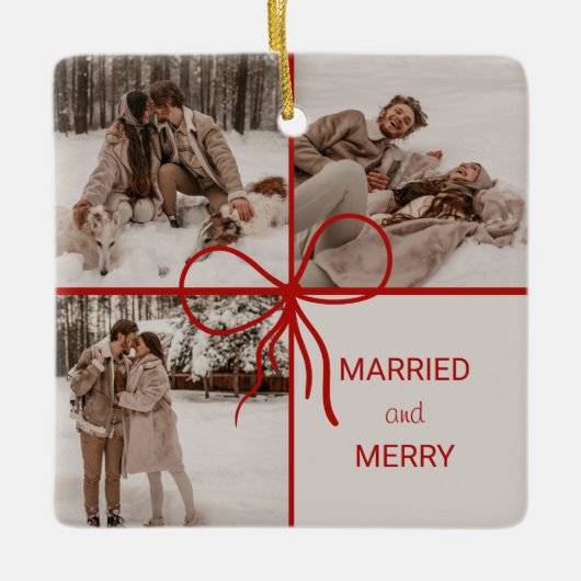 3 Photo Bow Wrap Christmas Newlyweds Modern Keramisch Ornament (Voorkant)