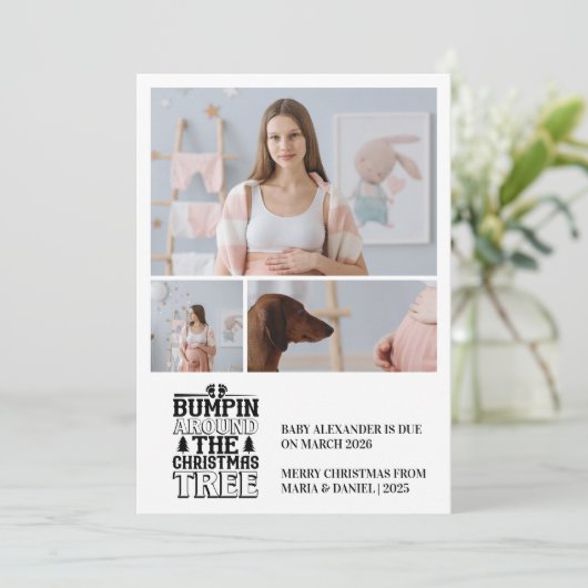 3 Photo Christmas Tree Pregnancy Announcement Feestdagenkaart (Staand voorkant)