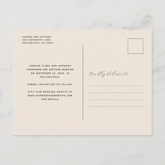 3-Photo Collage Beige Bewaar de datum Briefkaart (Achterkant)