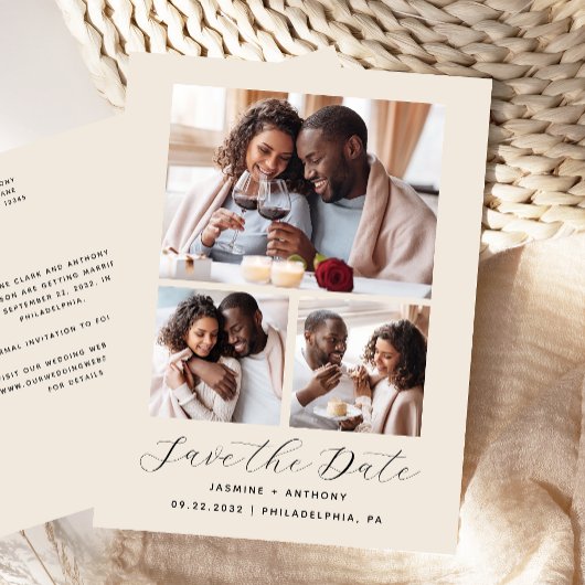 3-Photo Collage Beige Bewaar de datum Briefkaart