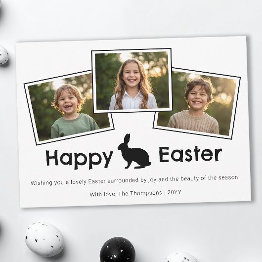 3 Photo Collage Bold Black Happy Easter With Bunny Kaart