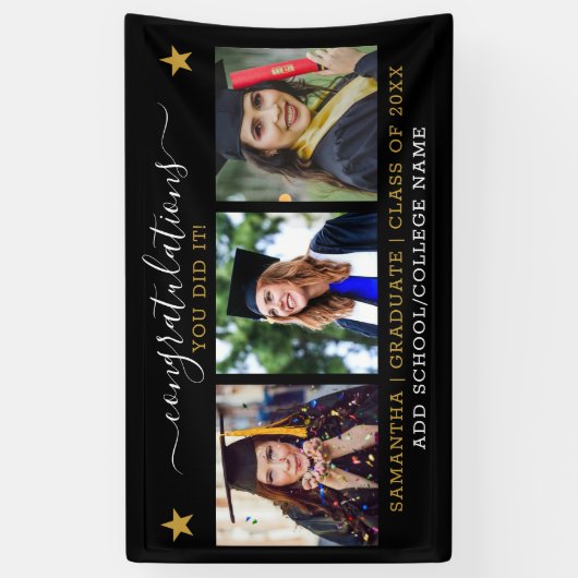 3 Photo Collage Congrats 2022 Afstuderen Black Gol Spandoek (Verticaal)