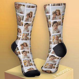 3 Photo Collage Half Brick Pattern - Wit Sokken