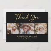 3 Photo Collage Modern Zwart Goud Afstuderen Bedankkaart (Voorkant)