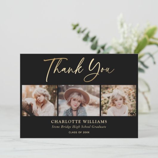 3 Photo Collage Modern Zwart Goud Afstuderen Bedankkaart (Staand voorkant)