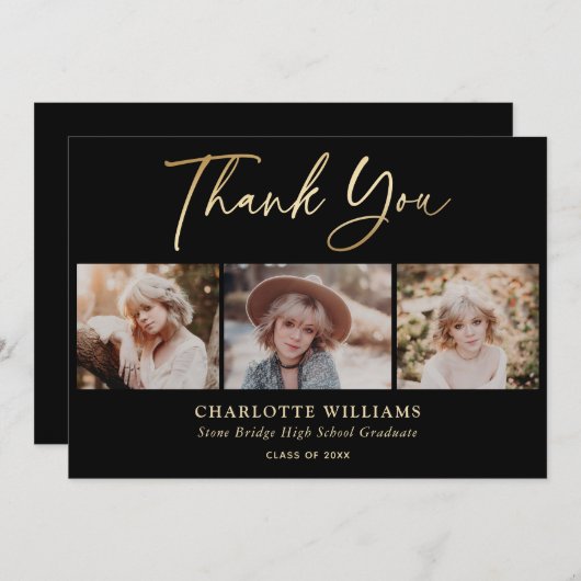 3 Photo Collage Modern Zwart Goud Afstuderen Bedankkaart (Voorkant / Achterkant)