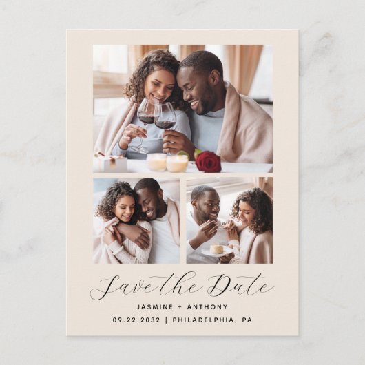 3-Photo Collage QR Code Beige Bewaar de datum Briefkaart (Voorkant)