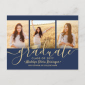3 Photo Collage Script Navy Blue & Gold Afstuderen Aankondigingskaart (Voorkant)