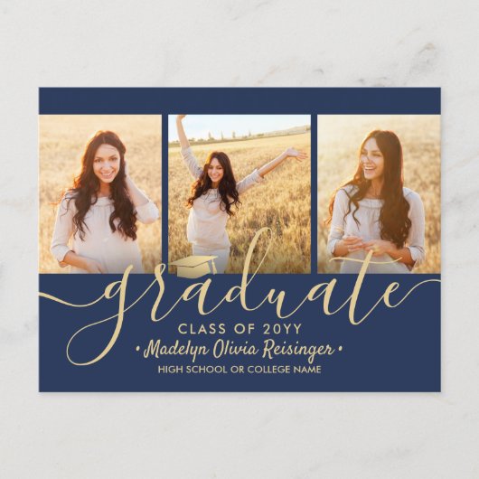 3 Photo Collage Script Navy Blue & Gold Afstuderen Aankondigingskaart (Voorkant)
