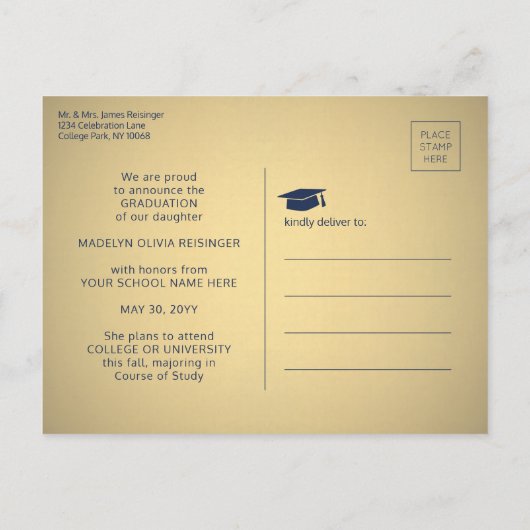 3 Photo Collage Script Navy Blue & Gold Afstuderen Aankondigingskaart (Achterkant)