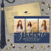 3 Photo Collage Script Navy Blue & Gold Afstuderen Aankondigingskaart
