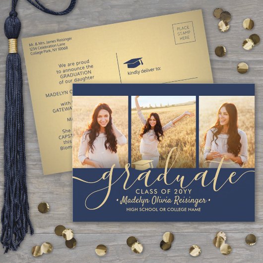 3 Photo Collage Script Navy Blue & Gold Afstuderen Aankondigingskaart