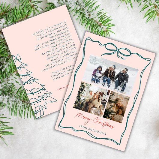 3 Photo Collage Wavy Doodle Frame Bow Christmas Feestdagenkaart