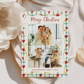 3 Photo Cute Red Green Bow Pattern Merry Christmas Feestdagenkaart