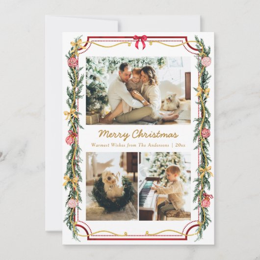 3 Photo Festive Christmas Botanical Foliage & Bows Feestdagenkaart (Voorkant)