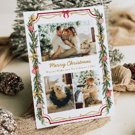 3 Photo Festive Christmas Botanical Foliage & Bows Feestdagenkaart