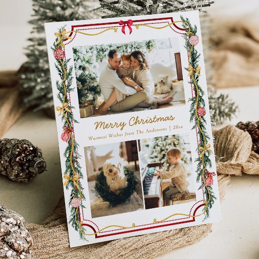 3 Photo Festive Christmas Botanical Foliage & Bows Feestdagenkaart
