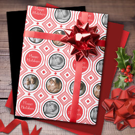 3 Photo Happy Holidays Red White Art Deco Cadeaupapier