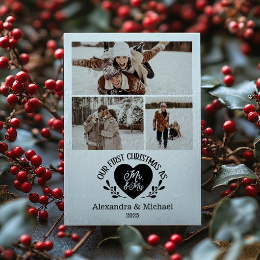 3 Photo Heart First Christmas as Mr & Mrs Feestdagenkaart