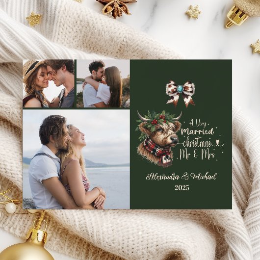 3 Photo Highland Cow Merry Christmas Mrs and Mr Feestdagenkaart