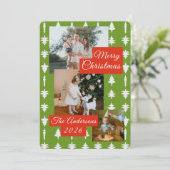 3 Photo Holiday Red + Green Christmas Tree Card Feestdagenkaart (Staand voorkant)