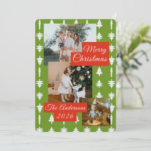3 Photo Holiday Red + Green Christmas Tree Card Feestdagenkaart (Staand voorkant)