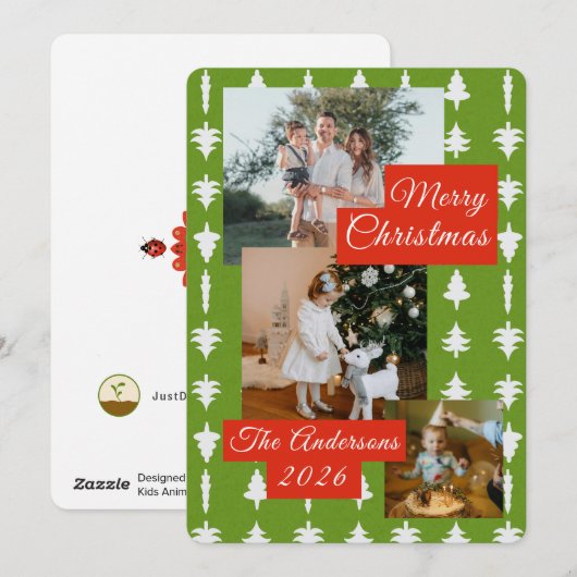 3 Photo Holiday Red + Green Christmas Tree Card Feestdagenkaart (Voorkant / Achterkant)
