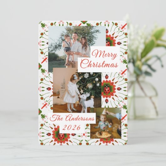 3 Photo Holiday Red + Green Ladybug Christmas Card Feestdagenkaart (Staand voorkant)