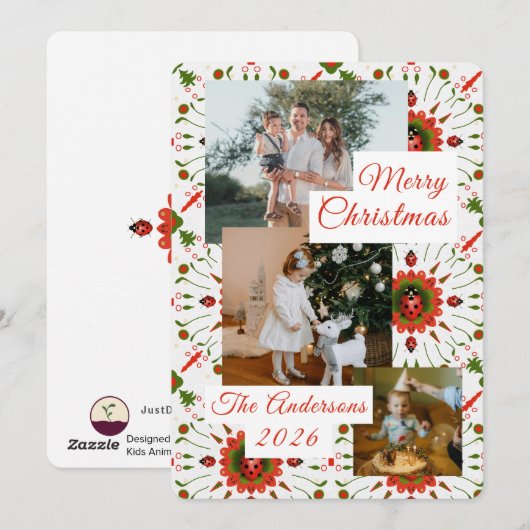 3 Photo Holiday Red + Green Ladybug Christmas Card Feestdagenkaart (Voorkant / Achterkant)