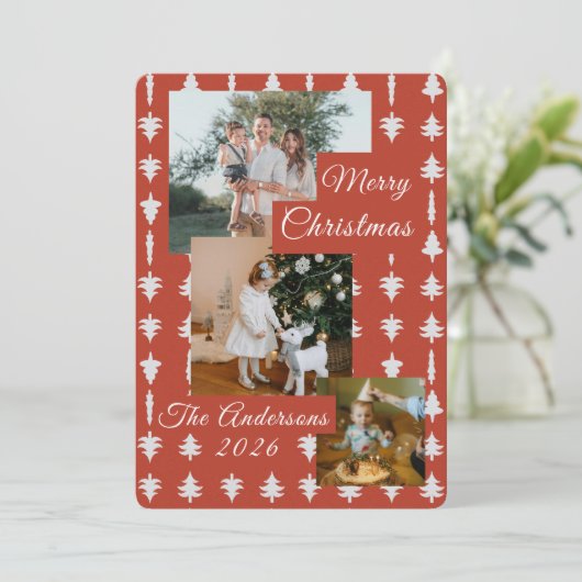 3 Photo Holiday Red + White Christmas Tree Feestdagenkaart (Staand voorkant)