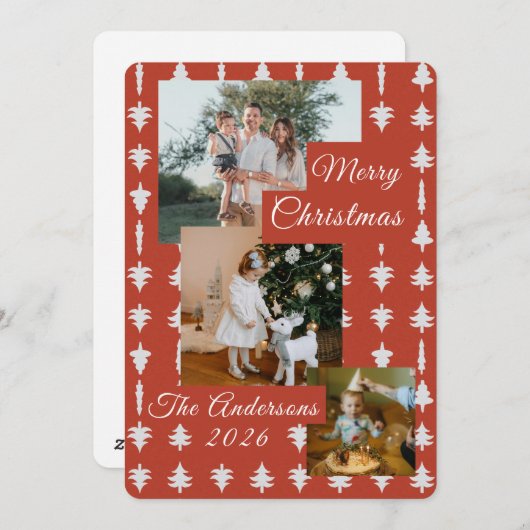 3 Photo Holiday Red + White Christmas Tree  Feestdagenkaart (Voorkant / Achterkant)