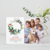 3 PHOTO Holly Berry Wreate kerstgroet Feestdagenkaart (Staand voorkant)