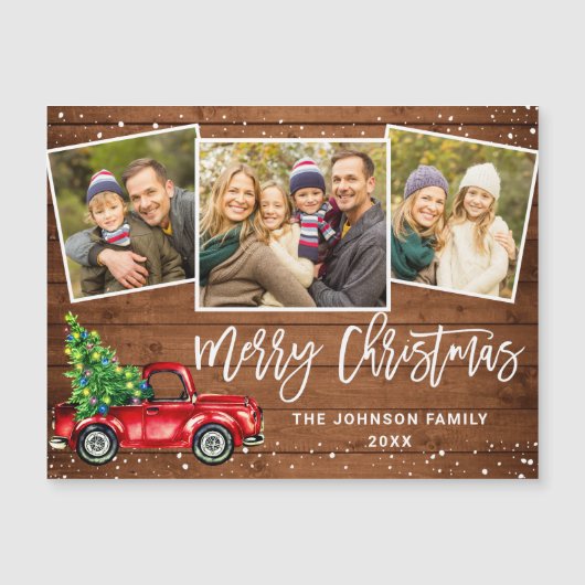 3 PHOTO Kerstmis Red Truck Greeting Magnetic Kaart (Voorkant)