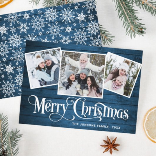 3 PHOTO Kerstmis Rustisch Blue Wood Greeting Feestdagenkaart