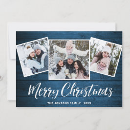 3 PHOTO Kerstmis Rustisch Blue Wood Greeting Feestdagenkaart