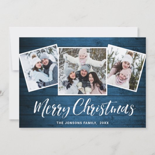 3 PHOTO Kerstmis Rustisch Blue Wood Greeting Feestdagenkaart (Voorkant)