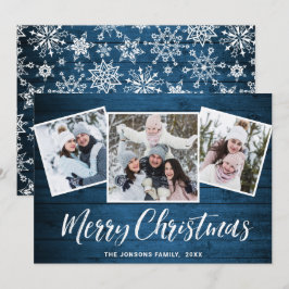 3 PHOTO Kerstmis Rustisch Blue Wood Greeting Feestdagenkaart