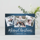 3 PHOTO Kerstmis Rustisch Blue Wood Greeting Feestdagenkaart (Staand voorkant)