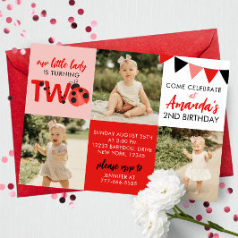 3 Photo Ladybug 2nd Birthday Invitation Kaart