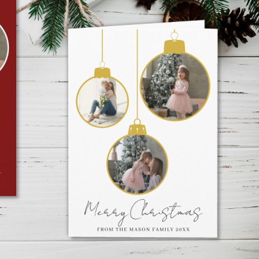 3 photo Merry Christmas bauble Photo Card Kaart