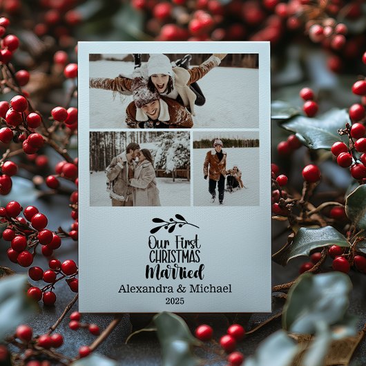 3 Photo Minimialist Our First Christmas Married Feestdagenkaart