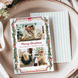 3 Photo Modern Botanical Christmas Foliage and Bow Feestdagenkaart