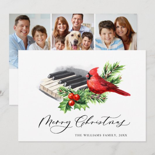 3 PHOTO Red Cardinal Holly Berry Christmas Feestdagenkaart (Voorkant / Achterkant)