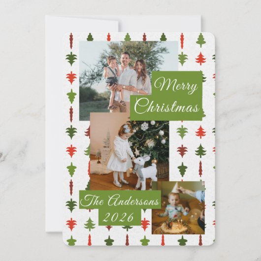 3 Photo Red White Green Christmas Tree Xmas Card Feestdagenkaart (Voorkant)