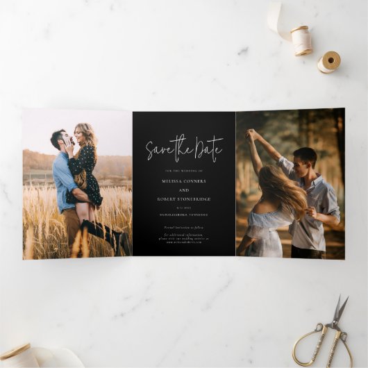 3 Photo Script Wedding Sla de datum op Drieluik Aankondiging (Binnen)