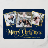 3 PHOTO Sparkle Merry-kerstgroet Gold Folie Feestdagenkaart (Voorkant)
