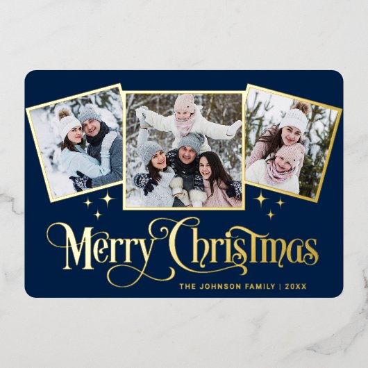 3 PHOTO Sparkle Merry-kerstgroet Gold Folie Feestdagenkaart (Voorkant)