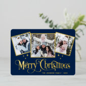 3 PHOTO Sparkle Merry-kerstgroet Gold Folie Feestdagenkaart (Staand Voorkant)