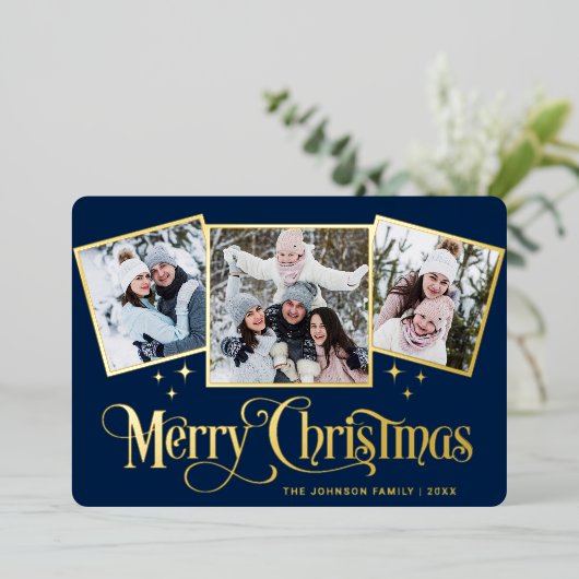 3 PHOTO Sparkle Merry-kerstgroet Gold Folie Feestdagenkaart (Staand Voorkant)
