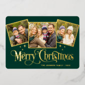 3 PHOTO Sparkle Merry-kerstgroet Gold Folie Feestdagenkaart (Voorkant)